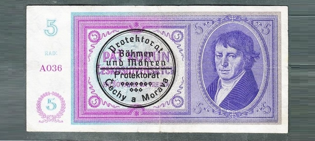 Staré bankovky 5 korun 1940 STROJOVÝ PŘETISK, VELMI VZÁCNÁ