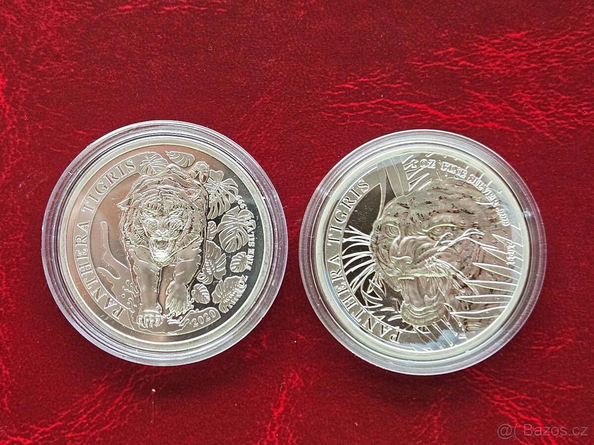 2x 1 oz stříbrná mince Panthera Tigris 2020 a 2021 Laos