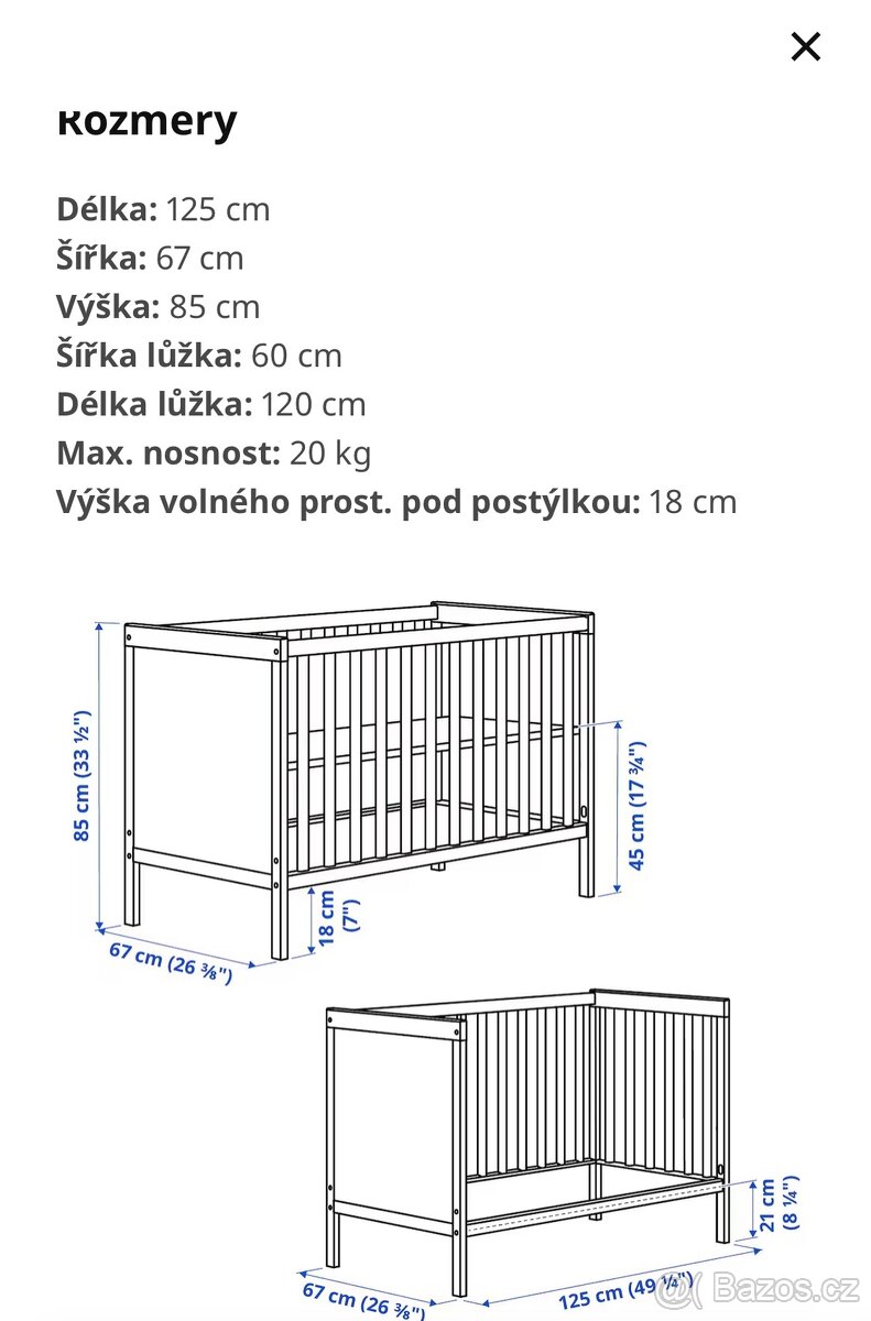 Dětská postýlka IKEA (Sundvik) s matrací a příslušenstvím