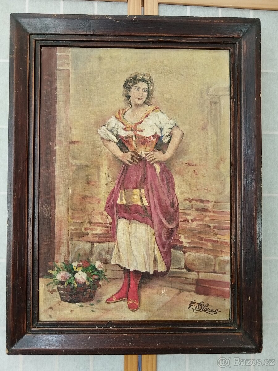 obraz PRODAVAČKA KVĚTIN, olej, sign. E. Blaces cca. 1880