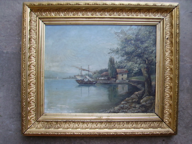 Romantická krajina jezero s rybáři - olej na plátně 1889