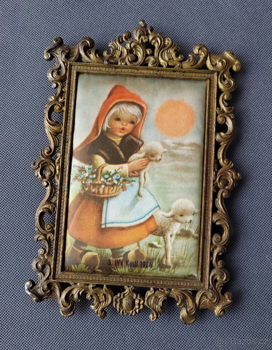 Nádherný obrázek na hedvábí v mosazném ramu (Itálie)