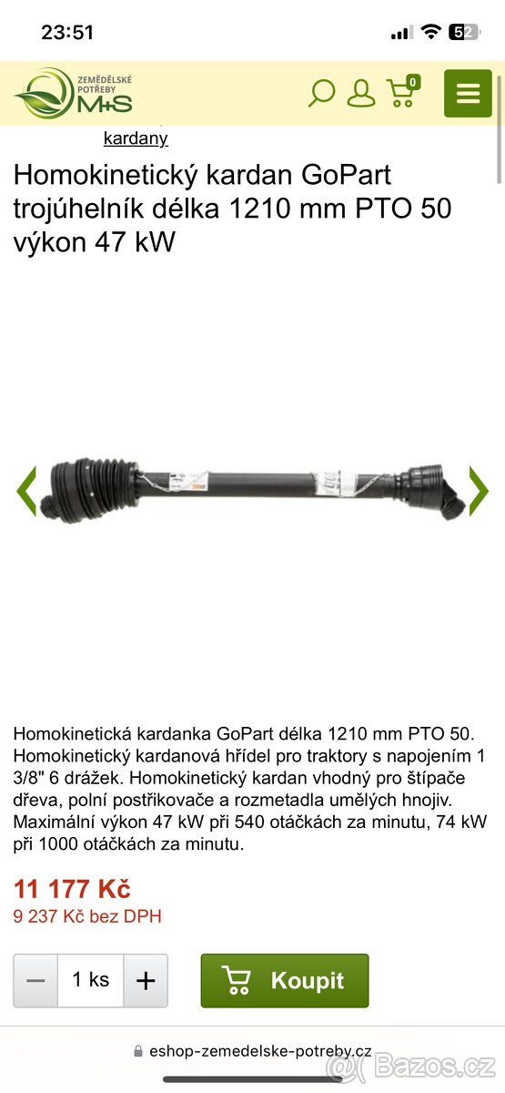 Homokinetický kardan PTO 50, 47KW