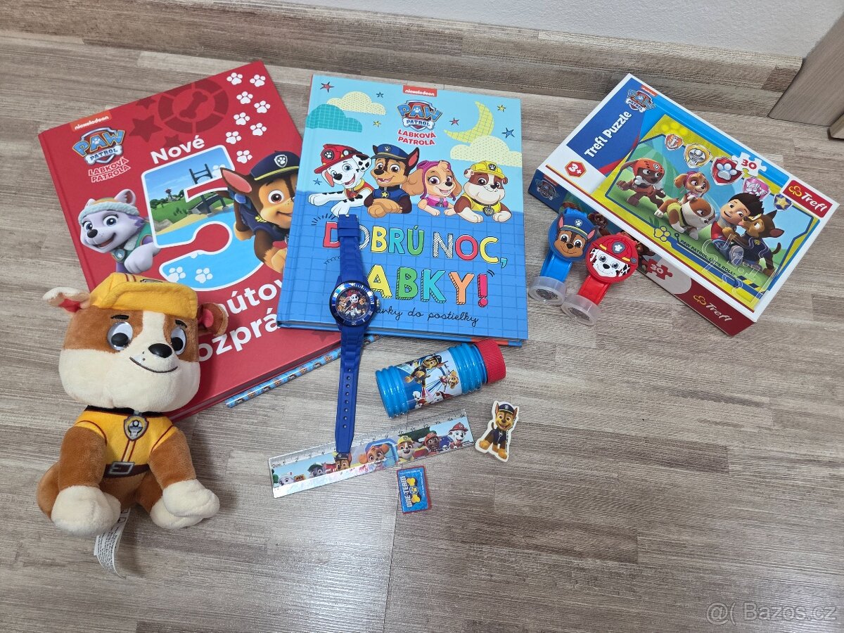 Tlapkova patrola knihy, hodinky, plysak, psaci potreby...