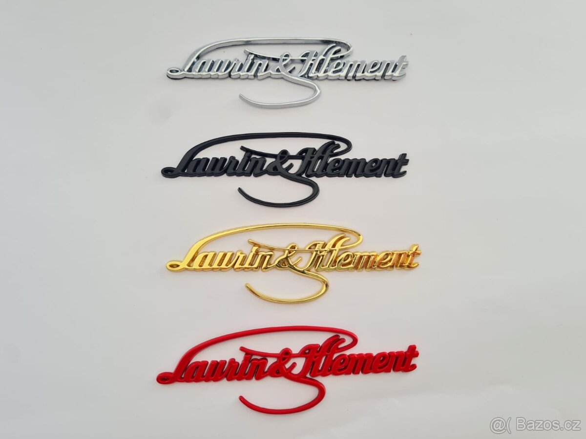 Nápis Laurin Klement , chrom, zlatý, červený, čierny