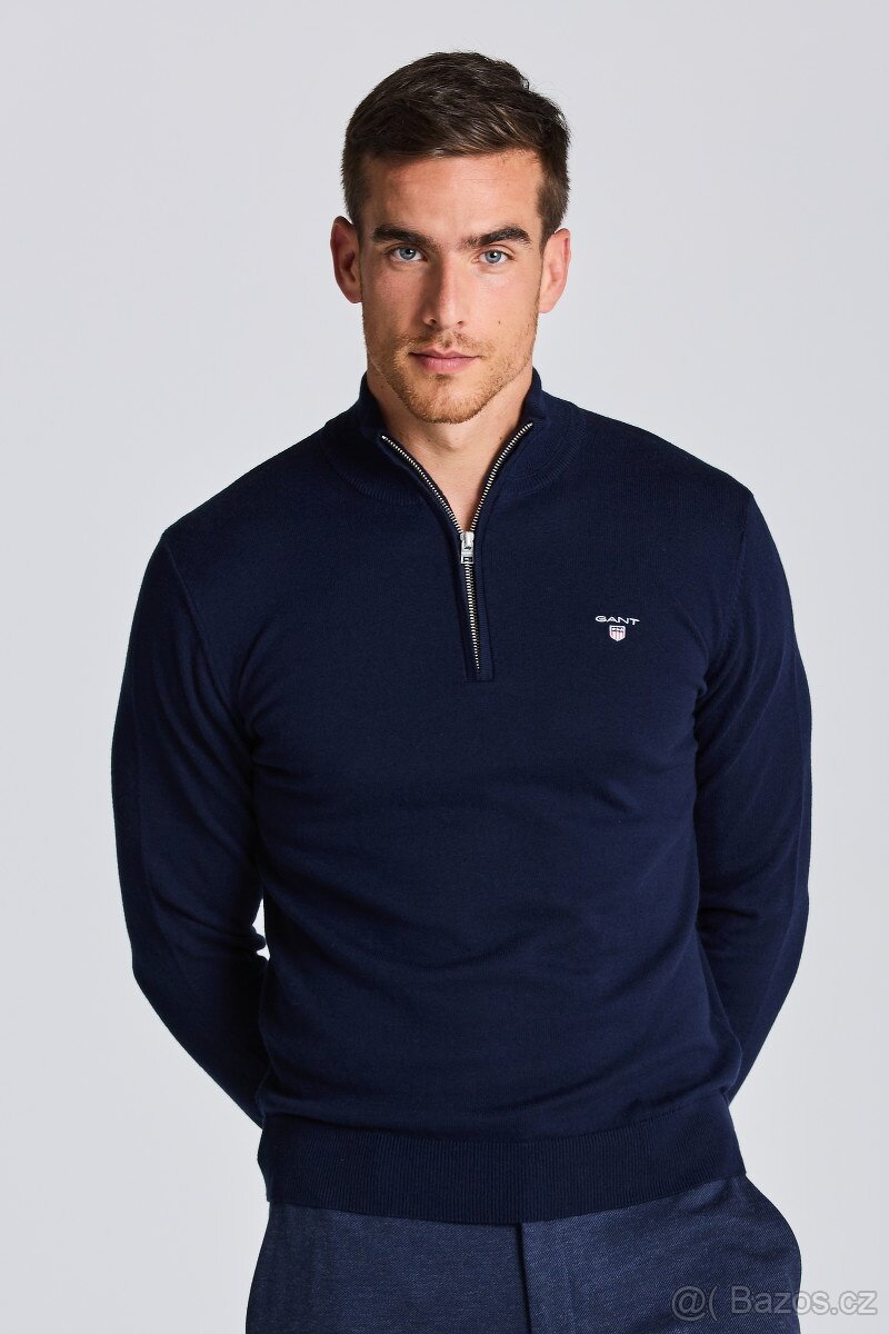 GANT NAVY VLNĚNÝ SLIM PÁNSKÝ SVETR L(L-XL)