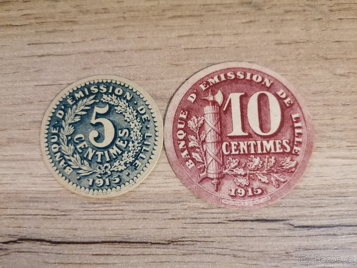 Francie 2 papírové lokální válečné nouzové mince 1915
