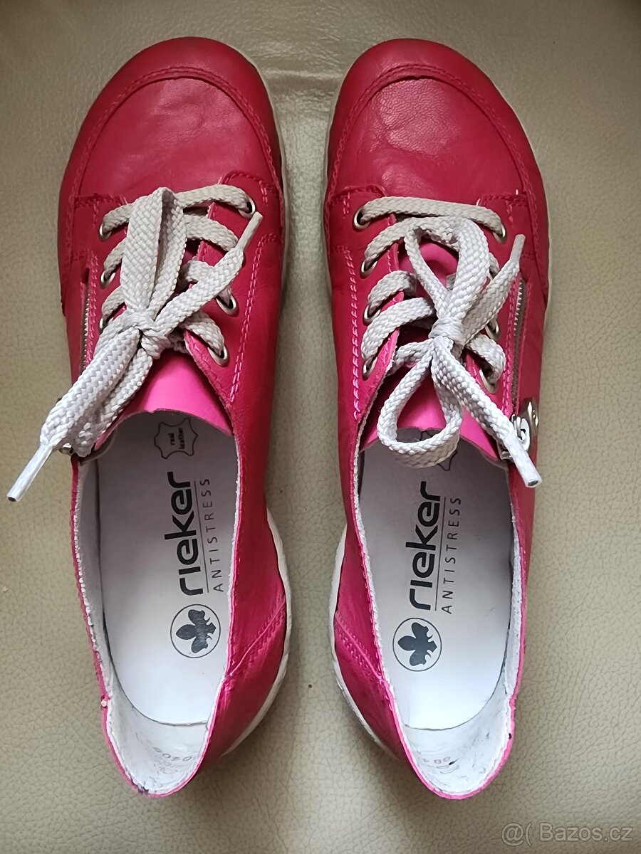 Rieker růžové kožené dámské tenisky, zip, tkaničky, 41