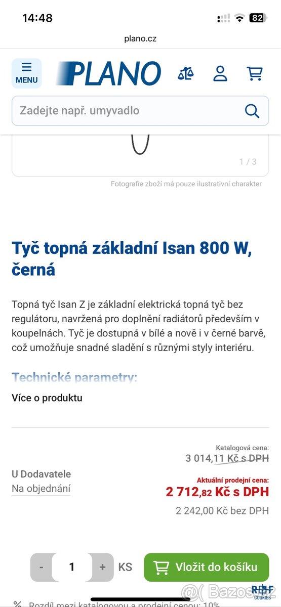 Tyč topná základní Isan 800 W, černá