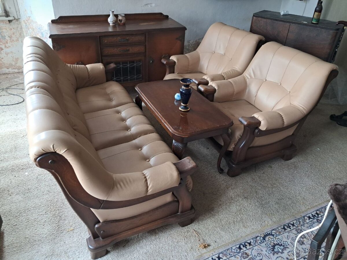 Stylový sedací komplet – sedačka, 2 křesla, stolek – masiv,