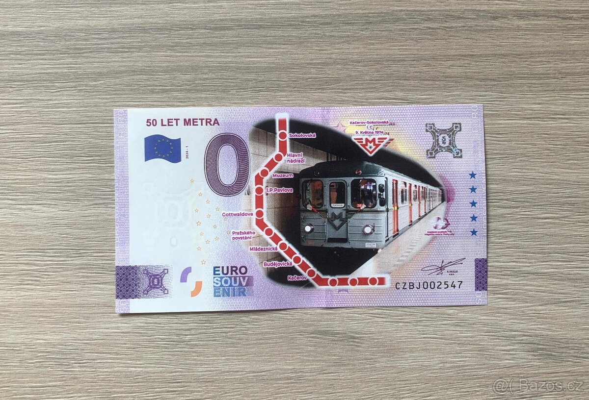 0 Euro Souvenir bankovka 50 let metra - kolorovaná varianta