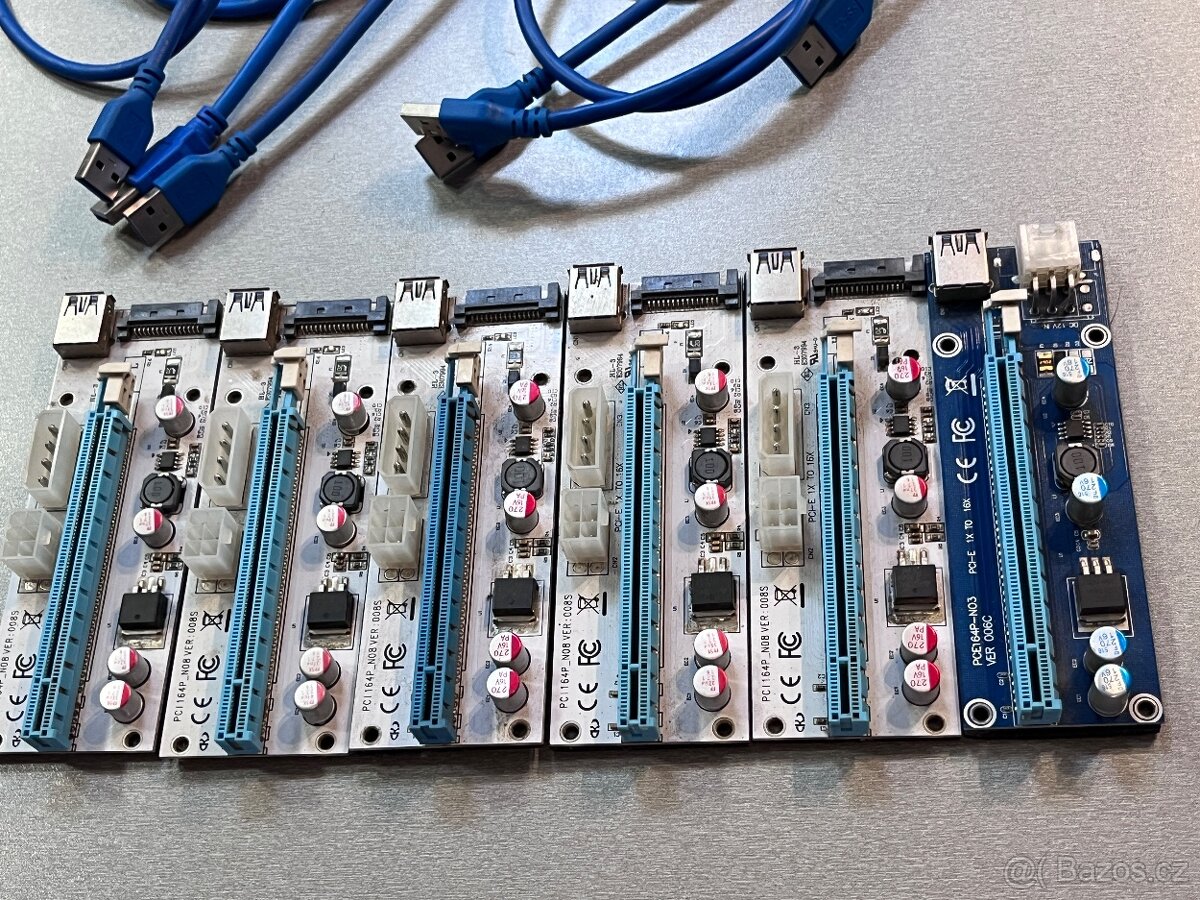PCIe risery USB 3.0 – 6 ks (5× + 1× jiný typ) + kabely