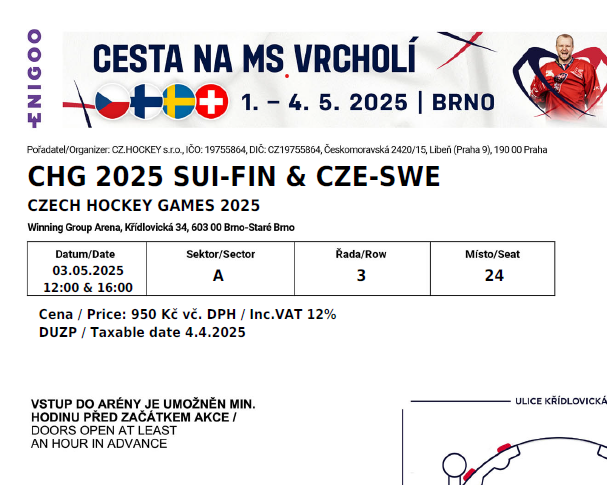 SUI-FIN & CZE-SWE Sobota 3.5.2025 vstupenky na hokej