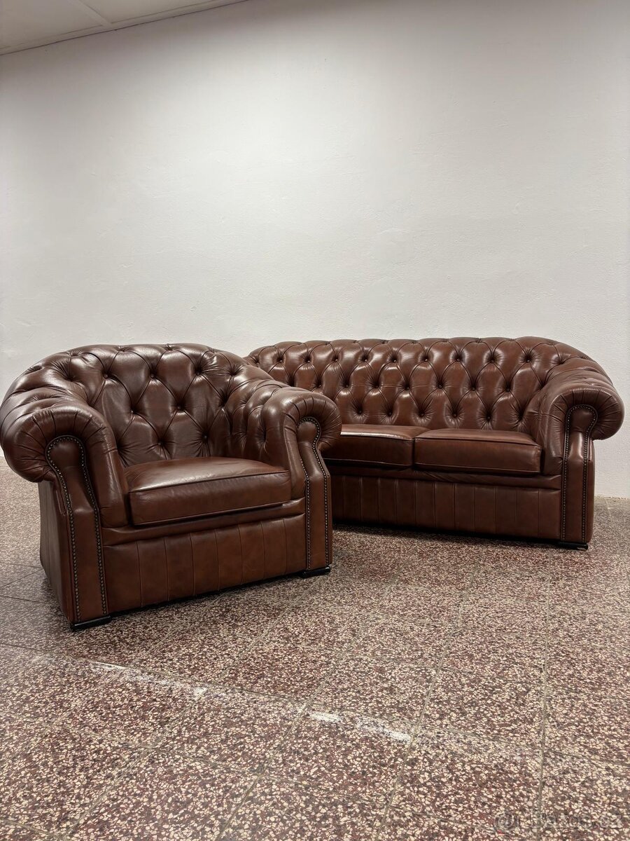 Chesterfield štýl,hnedá kožená sedačka 3+1