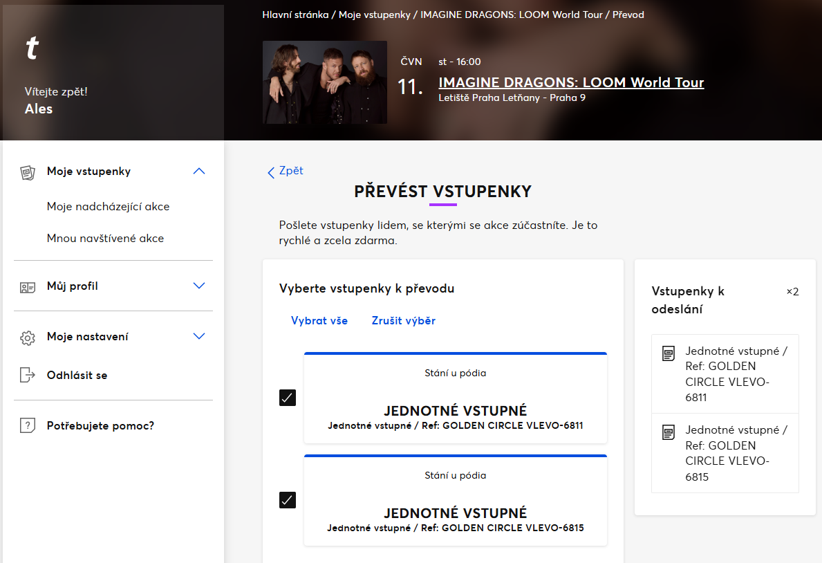 2x Imagine Dragons 11.6. Golden Circle, převod Ticketmaster