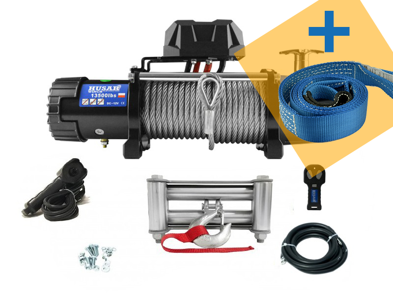 Naviják Husar Winch BST 13500, 12V, Ocelové lano + kurta
