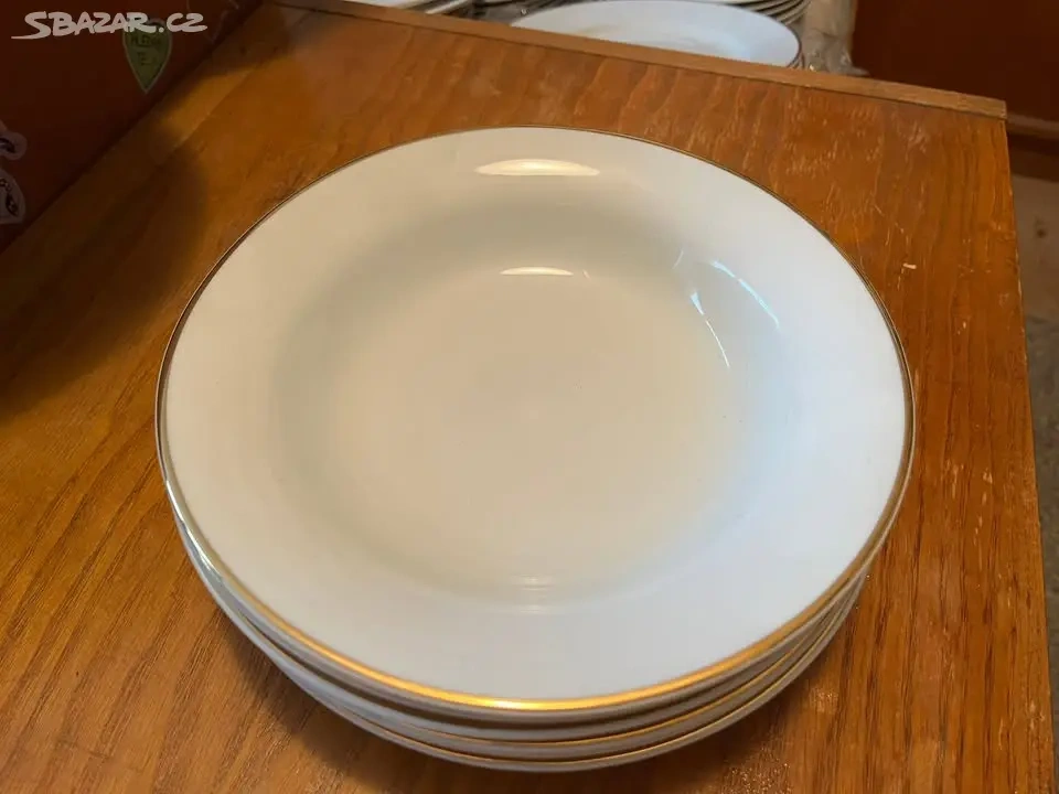 Hluboké retro talíře (sada 6ks, slabý zlatý okraj)