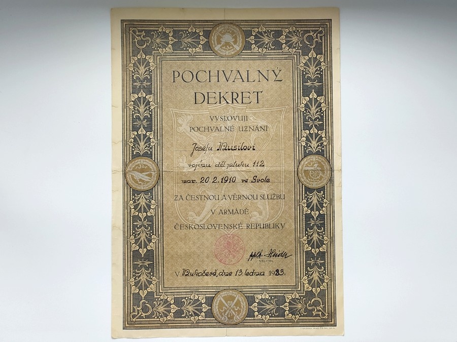 Pochvalný dekret čs. armáda 1933 Dělostřelecký pluk 112
