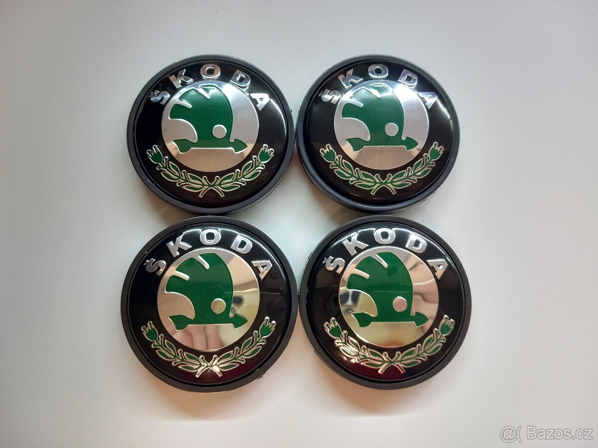 Středové krytky Škoda, 56x52mm, zelené logo