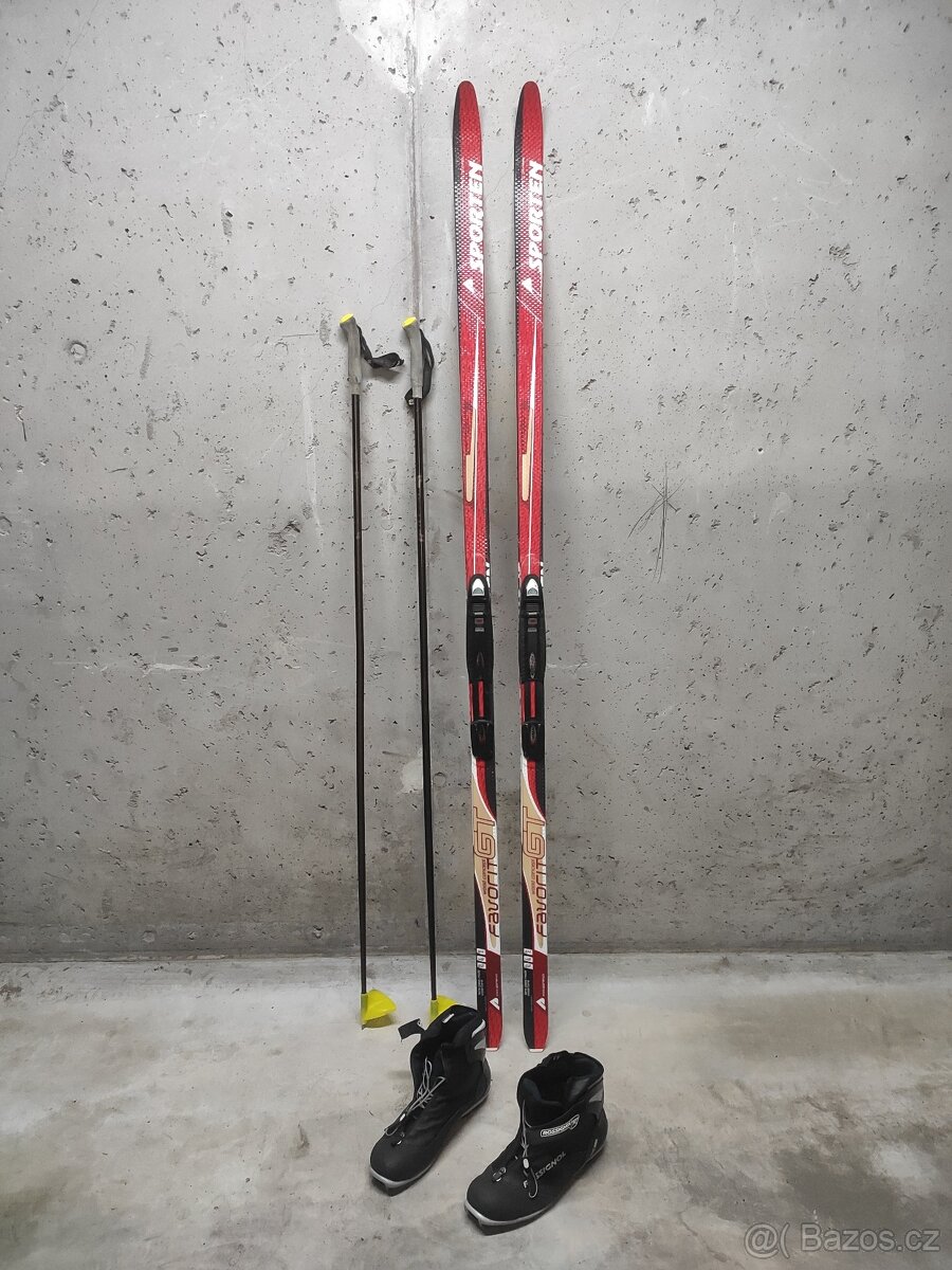 Prodám komplet set běžky s vázáním, hůlky, boty