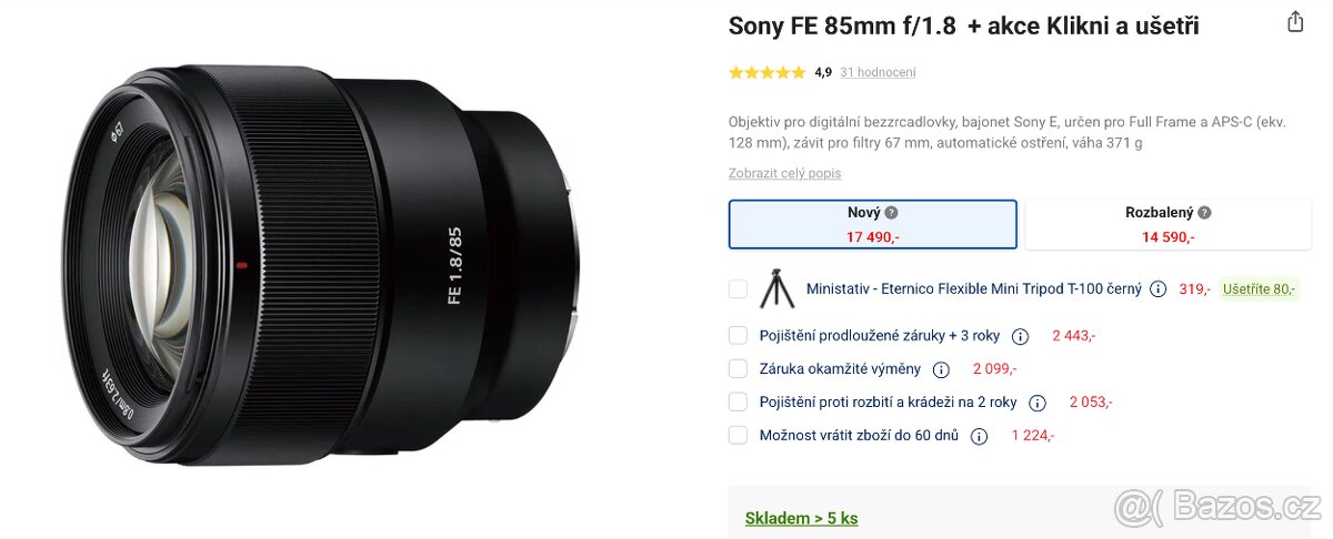 SONY FE 85 mm 1.8 - rozbalený, záruka 2027