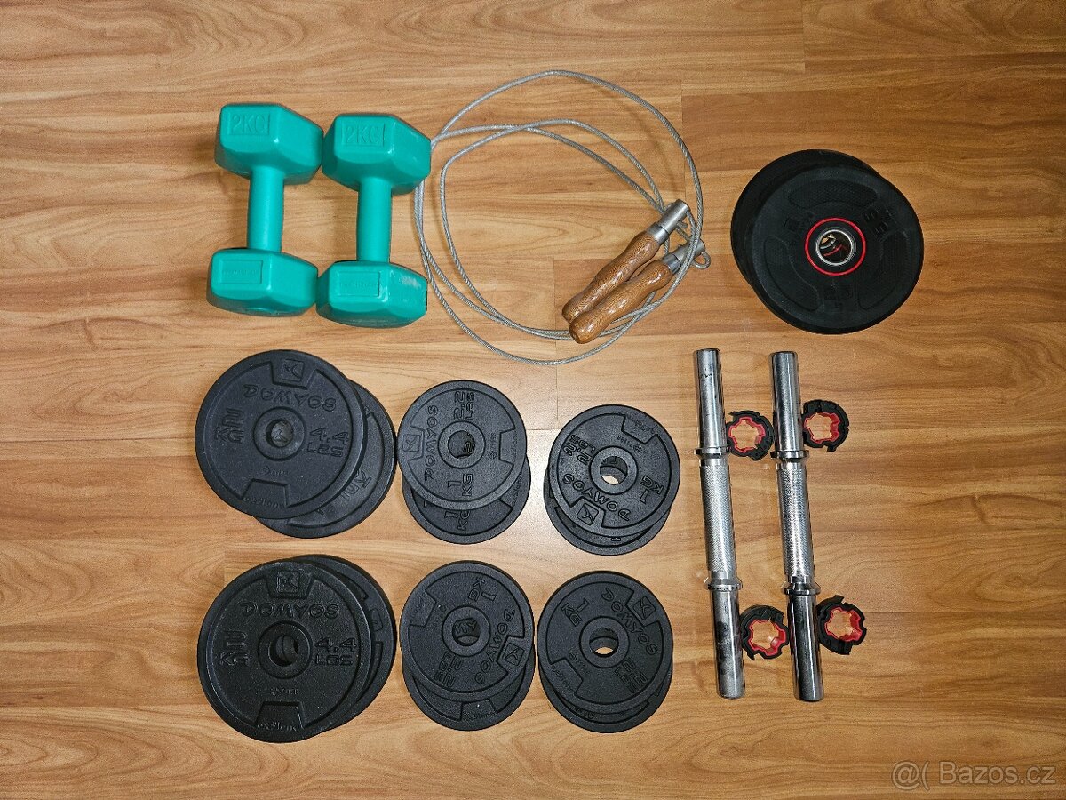 Nakládací činky Decathlon, závaží, švihadlo