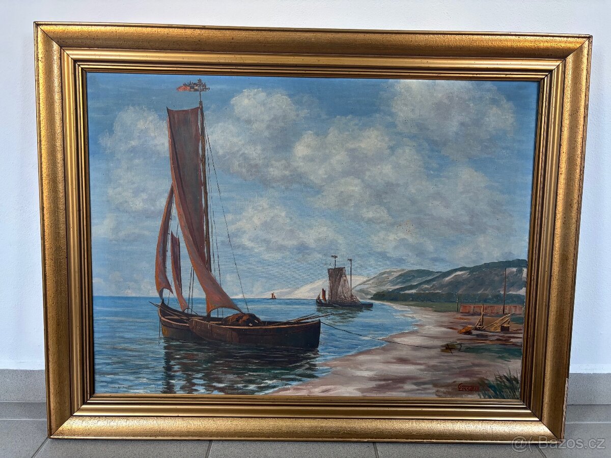 Obraz starožitný, Plachetnice, olej na plátně 72x94