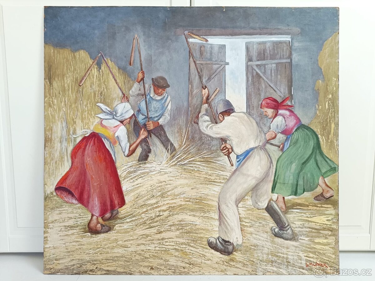 Obraz Jan Mlýnek, Mlátička, olej na desce 50x50
