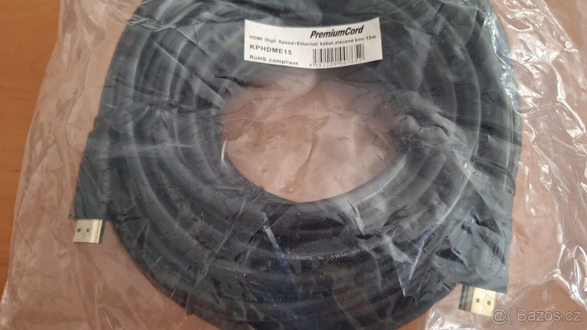 HDMI kabel 15m, High Speed + ethernet, gold