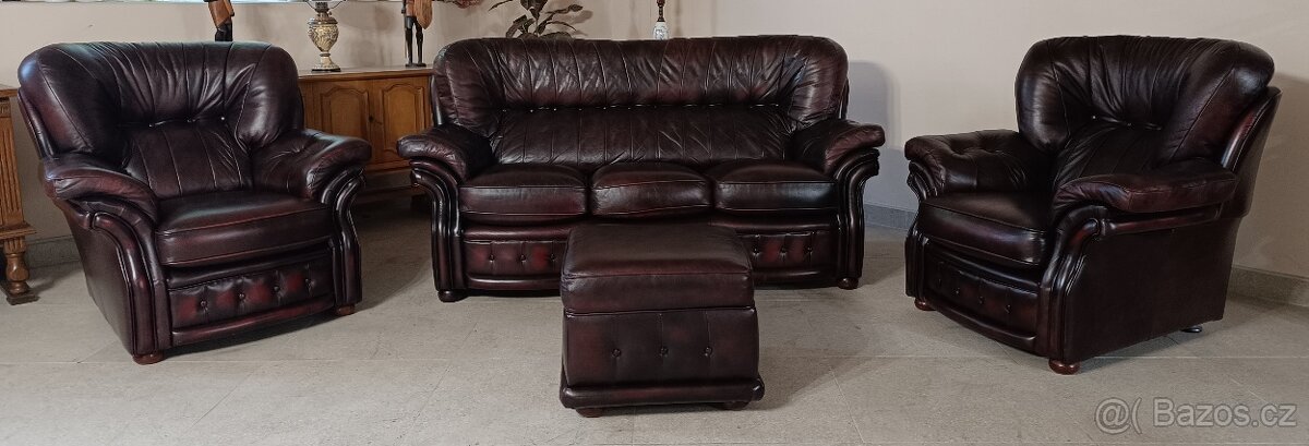 Kožená, Chesterfield sedací souprava 3+1+1+ taburet. TOP