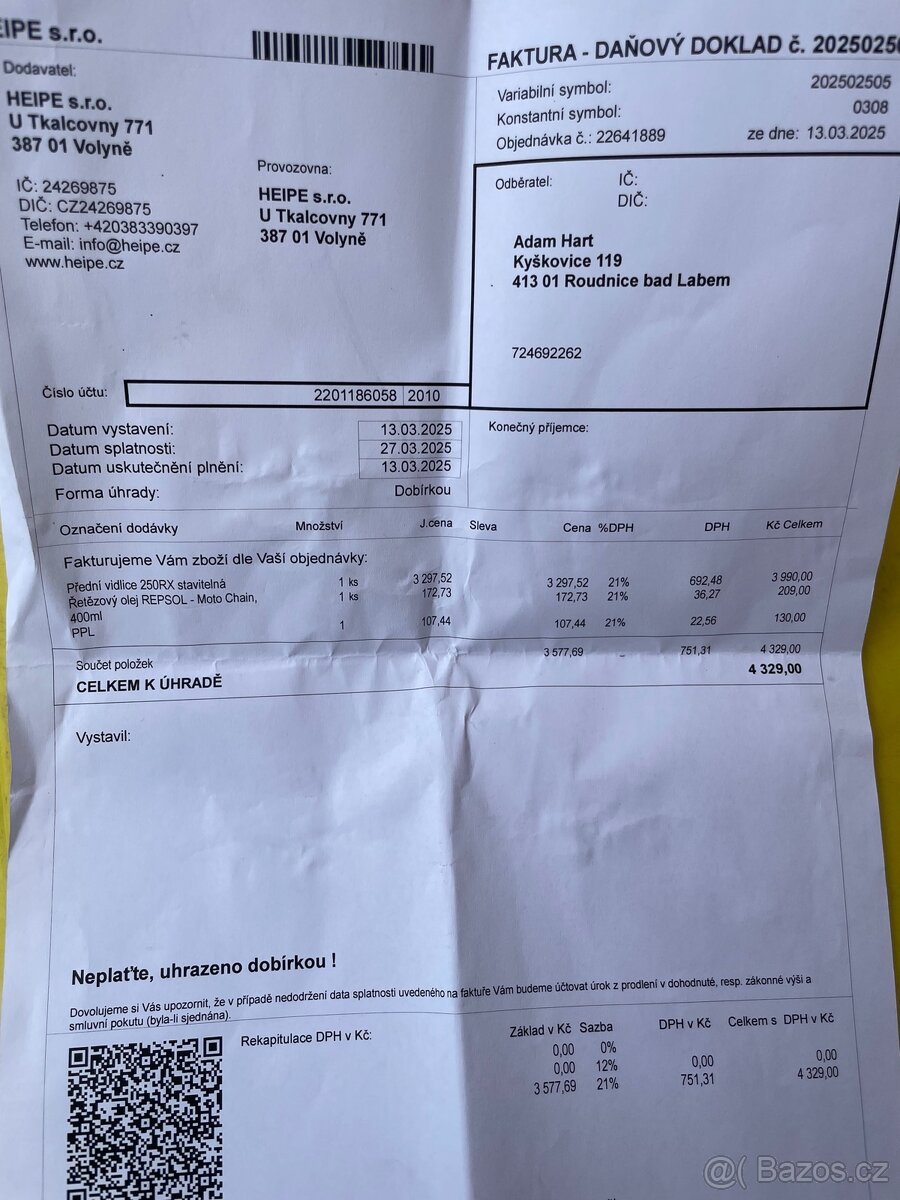 Přední vidlice 250RX stavitelná