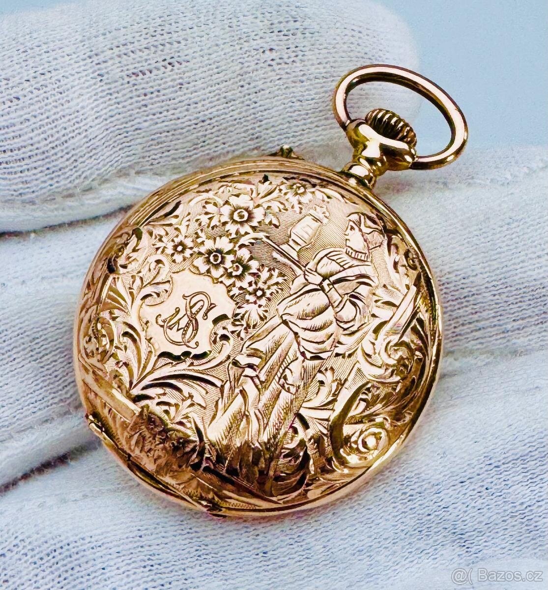 14K ZLATÉ CELO GRAVÍROVANÉ KAPESNÍ HODINKY - FUNKČNÍ
