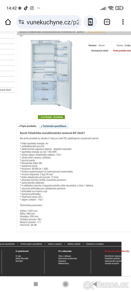 Bosch Chladnička monoklimatická vestavná