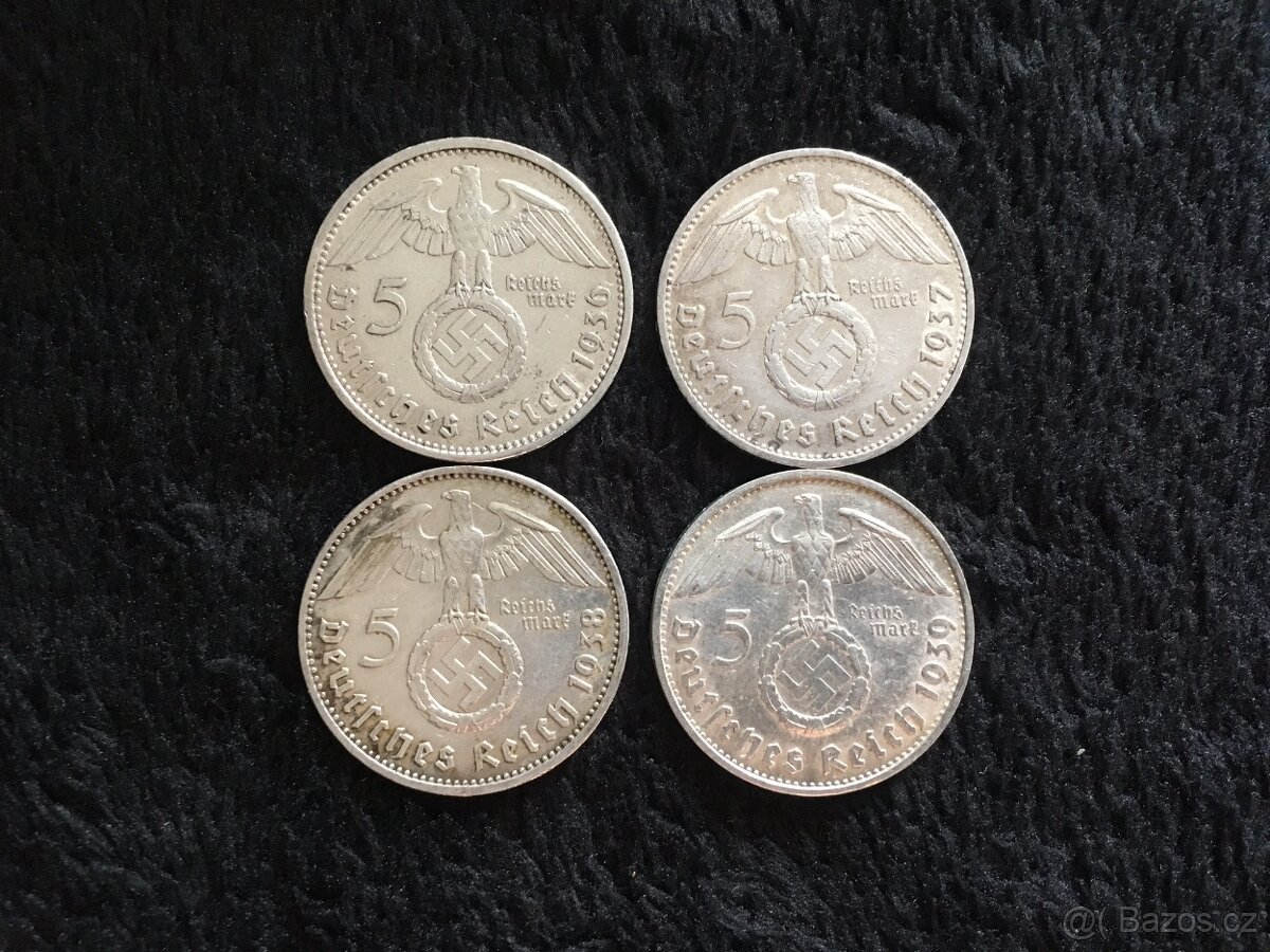 4 kusy 5 marek Třetí Říše Německo, každá mince jiná