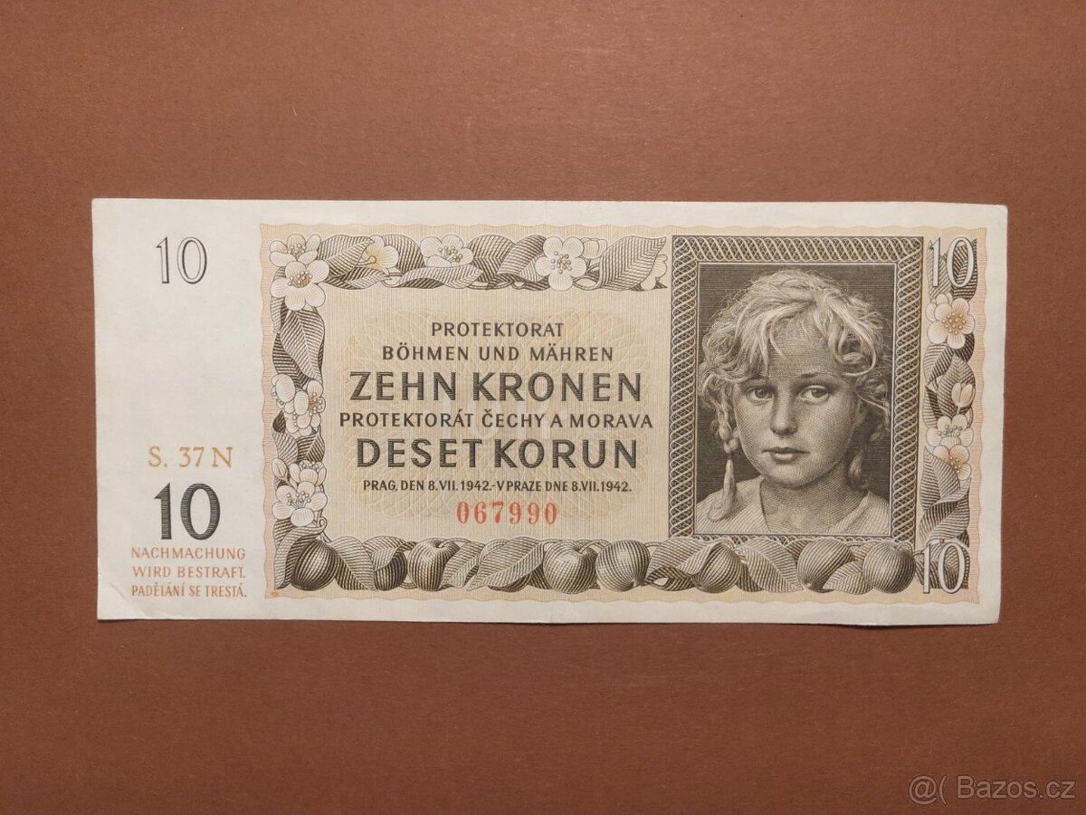 Oblíbená bankovka 10 Kčs 1942 - PĚKNÝ STAV
