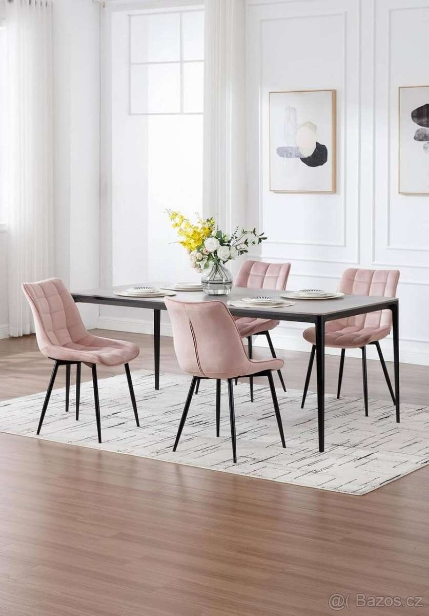 Nové jídelní židle tyrkys, růžová, potah velur.