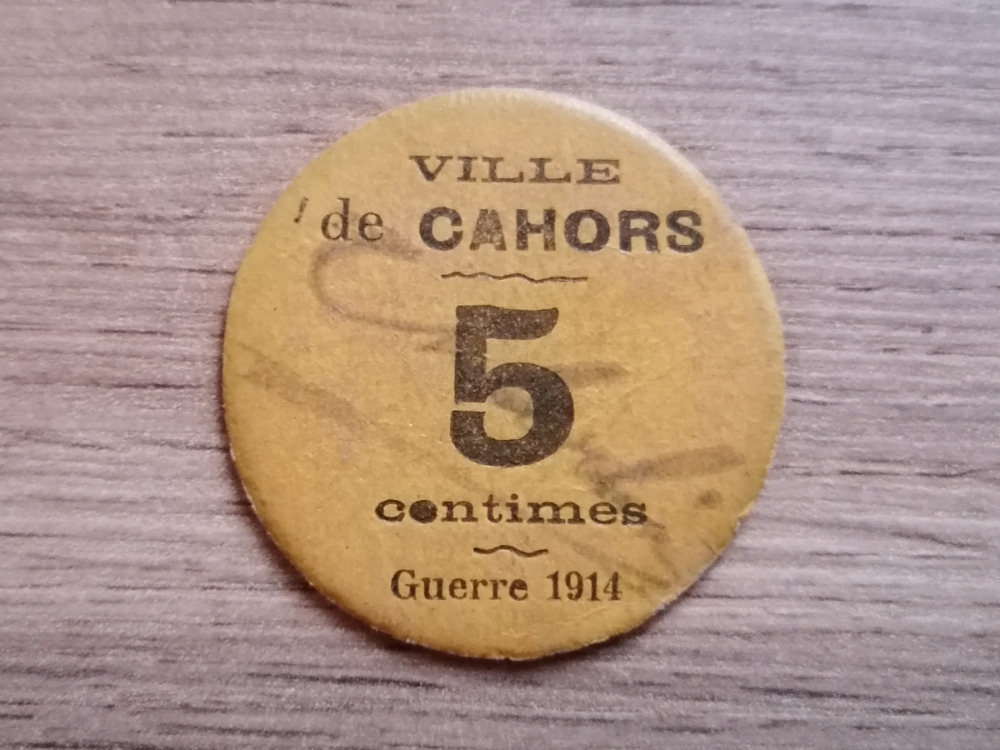 Válečná papírová nouzová mince 5 Centimes 1914 Francie