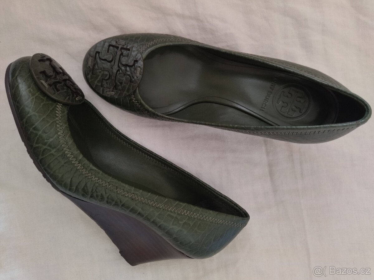Lodičky na klínku Tory Burch, olivová kůže vel. 36