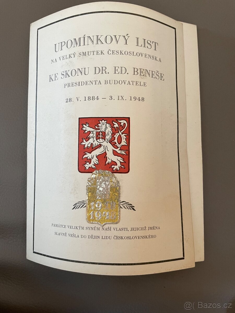Pamětní list ke skonu Dr.Edvarda Beneše