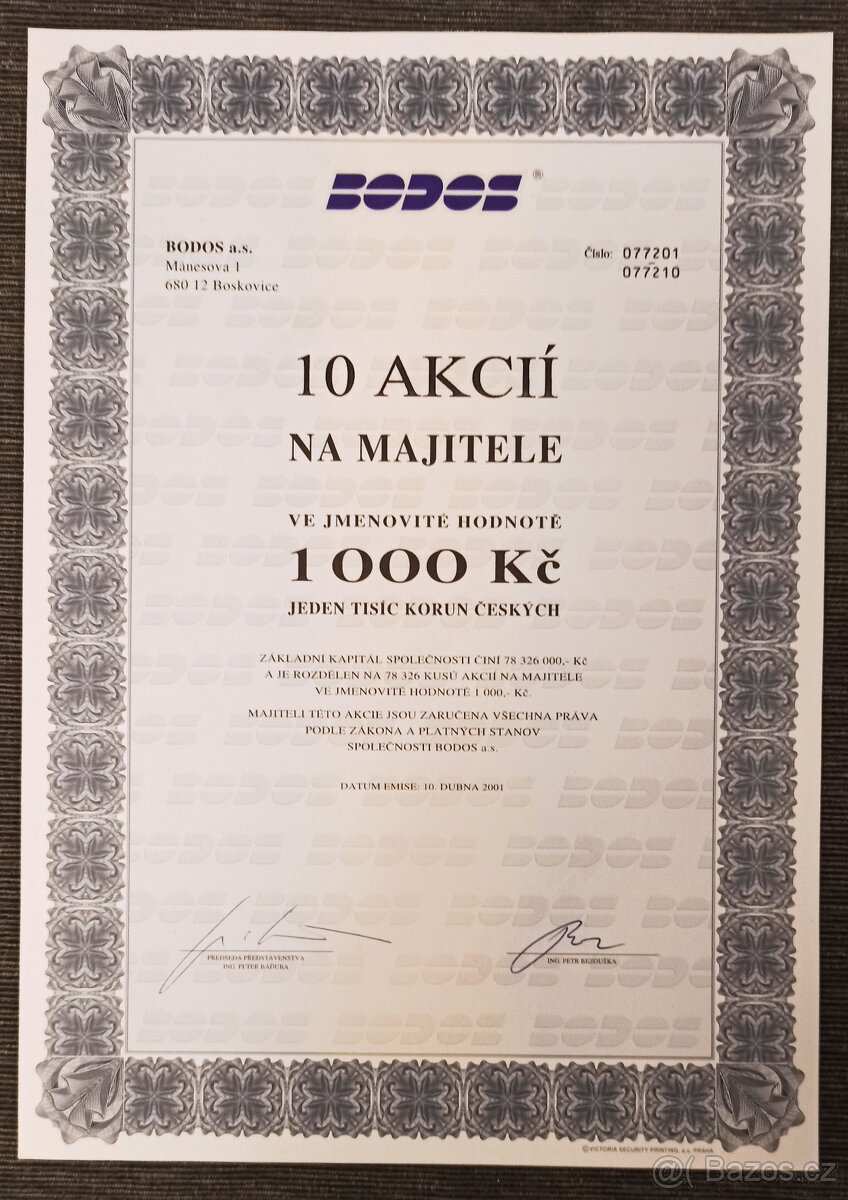 Prodám sběratelské akcie BODOS 2001 na doručitele