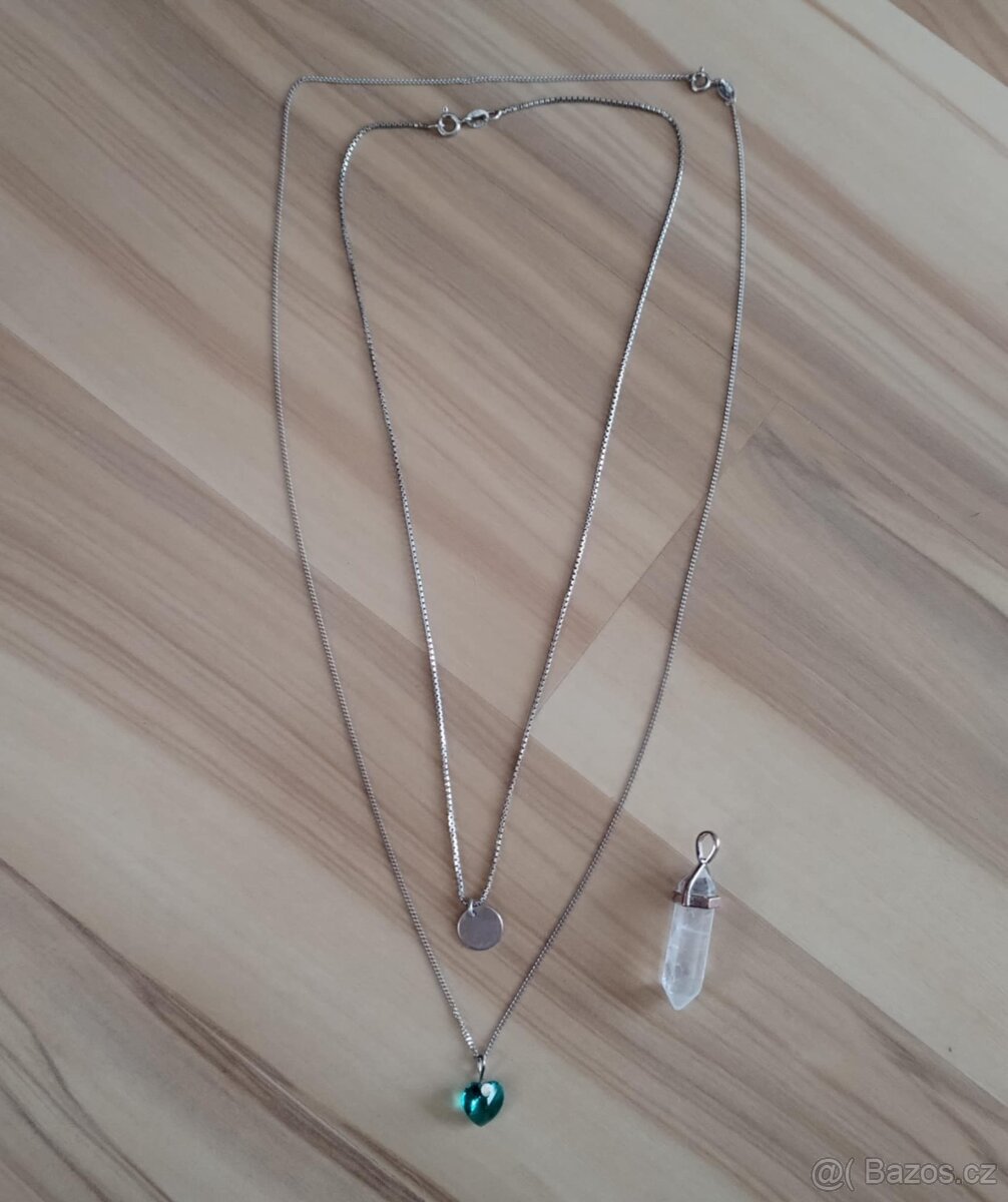 2x stříbrný řetízek, přívěsek srdce, penízek