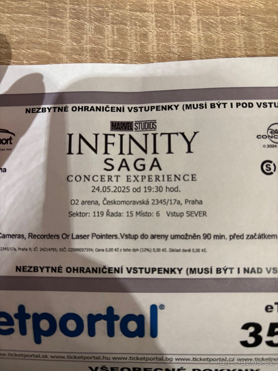 Lístky Marvel Infinity Saga , cena za jednu vstupenku 750kc