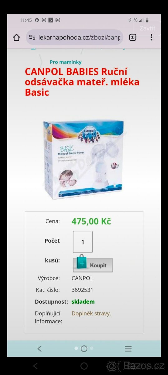 Odsávačka mateřského mléka rucni
