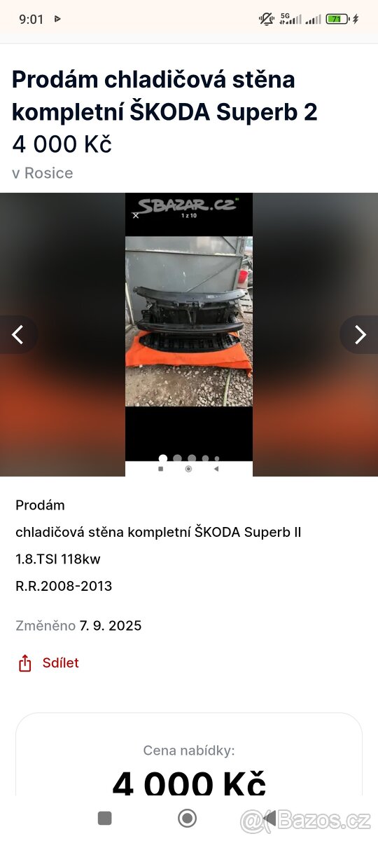 Prodám chladičová stěna kompletní ŠKODA Superb II  1.8.TSI 1