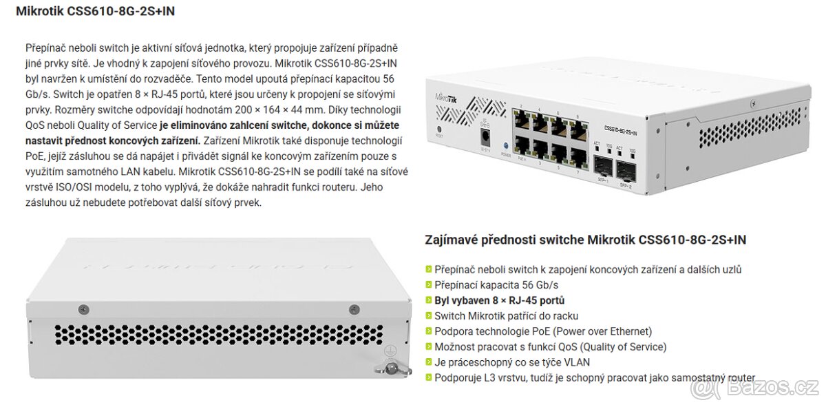 Switch Mikrotik CSS610-8G-2S+IN --> novy, 2000 Kc