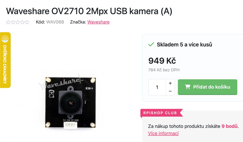 Raspberry Pi Waveshare OV2710 kamera (denni/nocni)