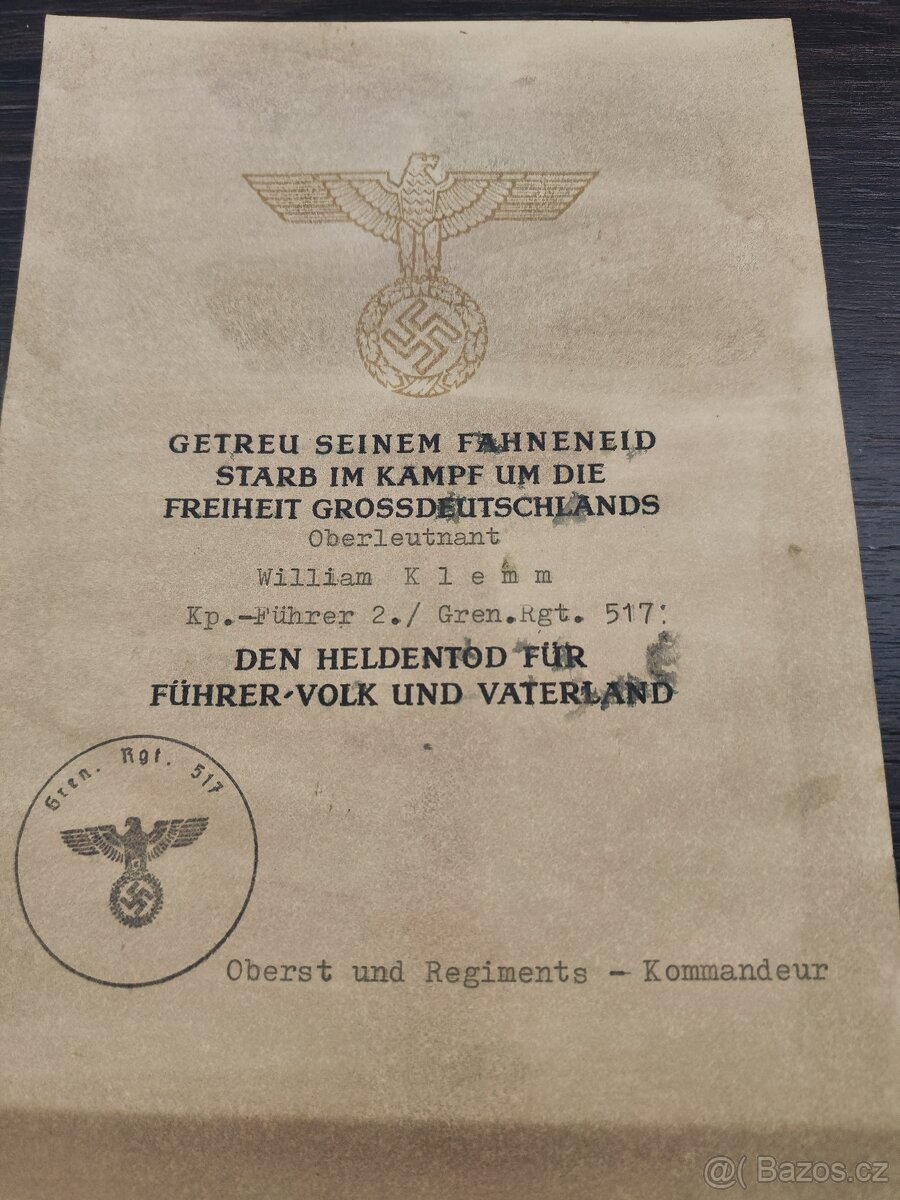 Wehrmacht - oznámení o smrti vojáka v boji - nadporučík