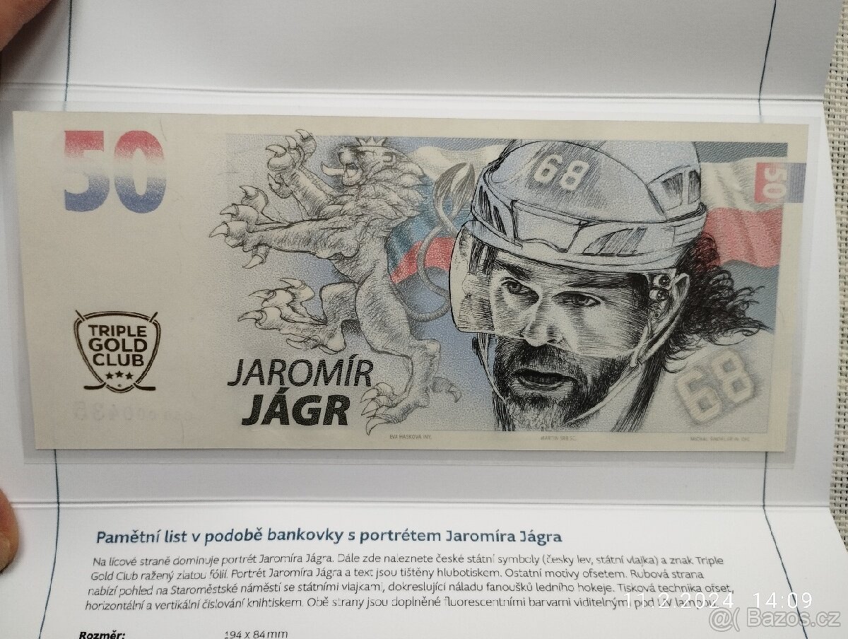 Pamětní list - bankovka Jaromír Jágr limit 10000ks / NOVÉ