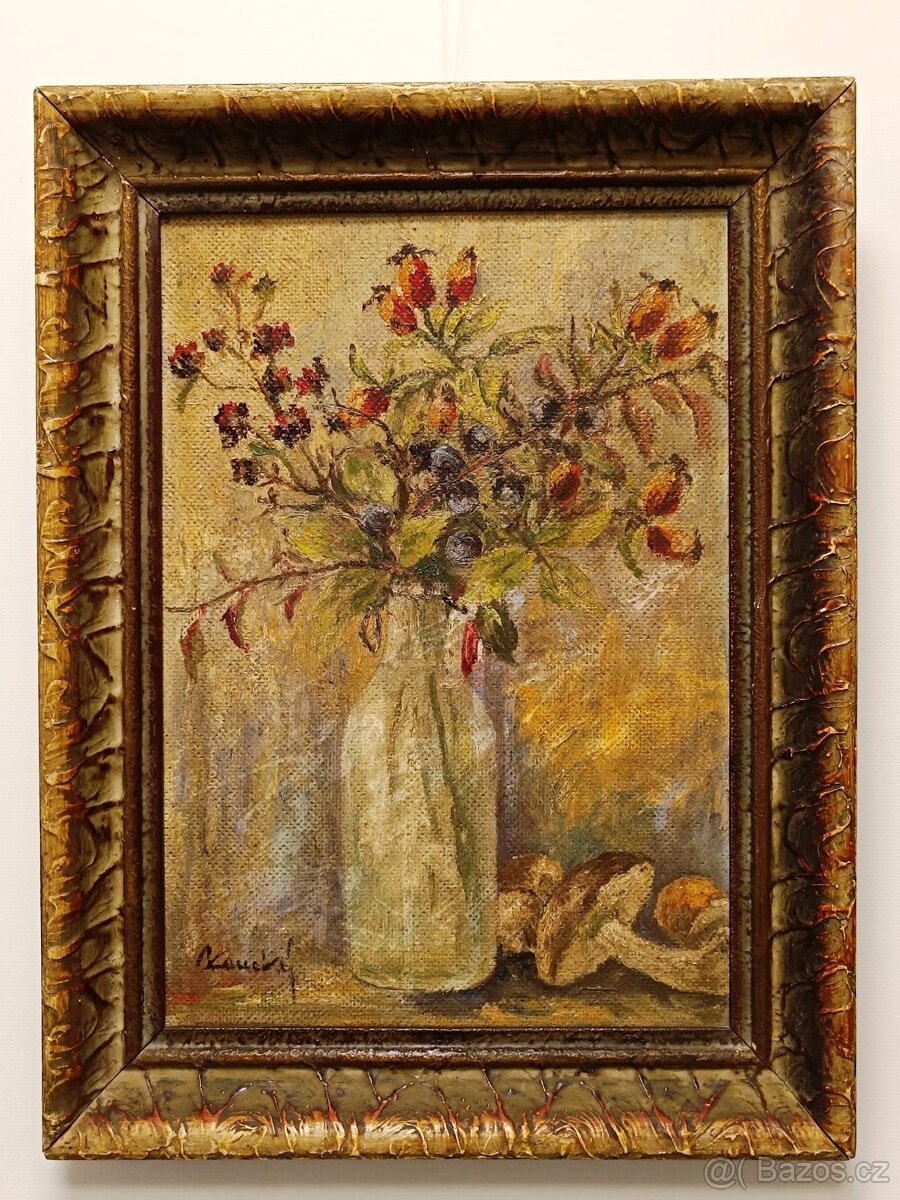 Obraz Jiří Kaucký, Šípky a houby, olej na desce 42x32