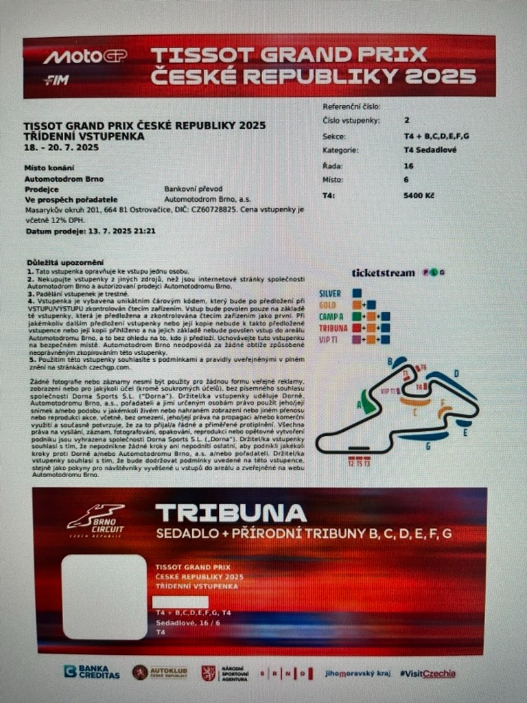 Vstupenky na MotoGP Brno 2025 - 2x tribuna T4 - TŘÍDENNÍ